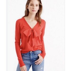 J. Crew Women's Orange Merino Wool Lightweight Bow Front V-Neck Sweater Size XS